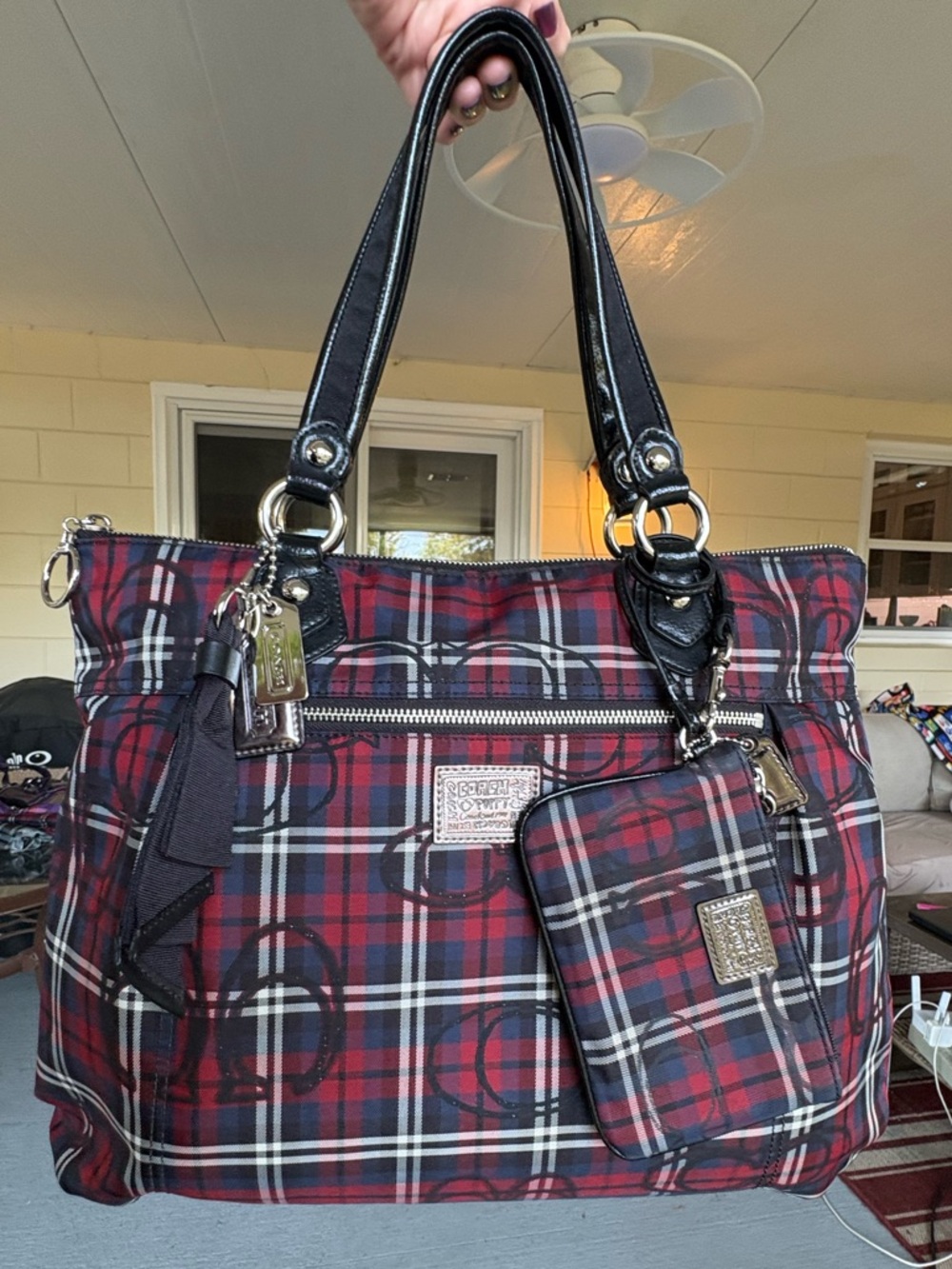 Coach Poppy Tartan Plaid Glam Tote + Wristlet (Red/Blue) 18713 - Picture 3 of 17